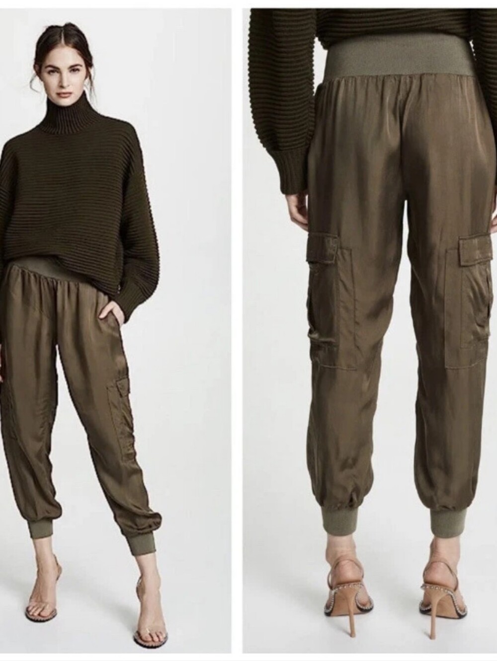 Cinq à Sept Giles Cupro Cargo Jogger Pants in olive green